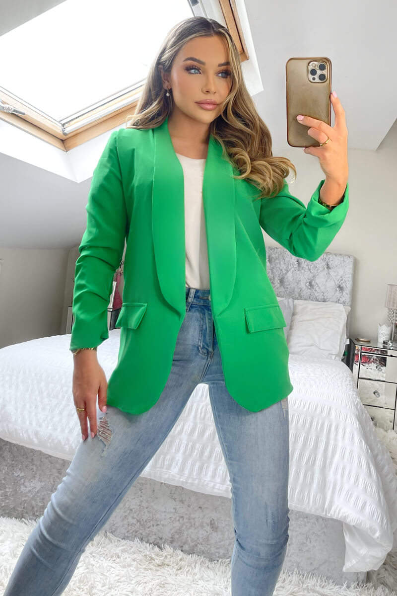 Green Ruched Detail Sleeve Blazer - Swimclubus