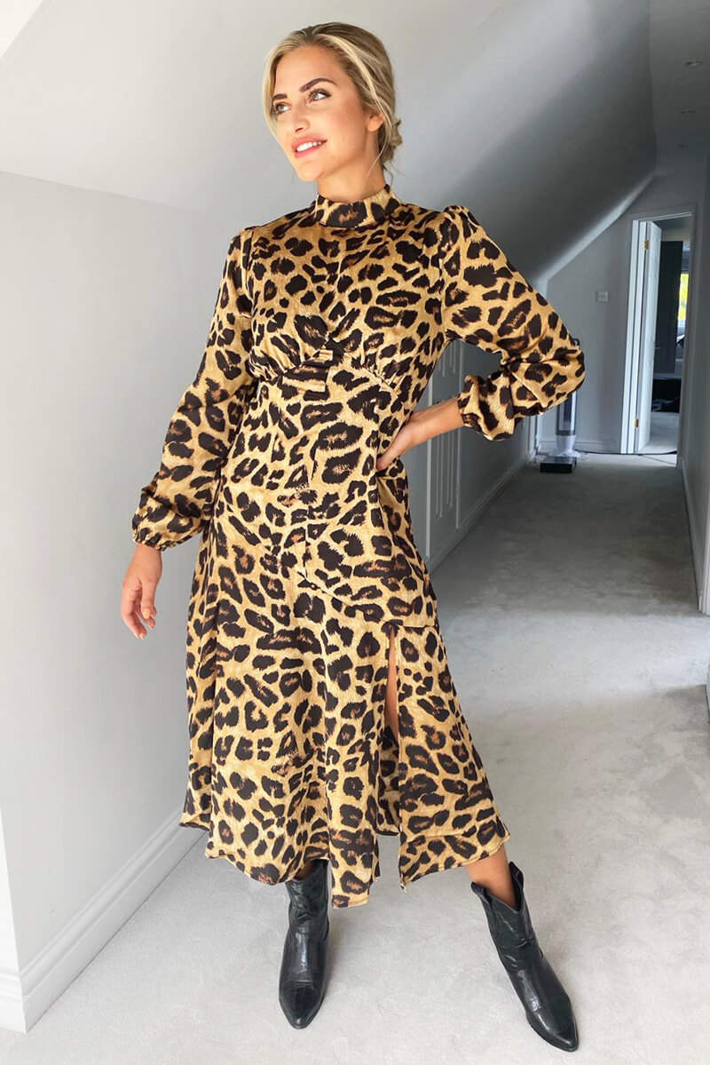 Camel Leopard Print Silky High Neck Dress - Swimclubus