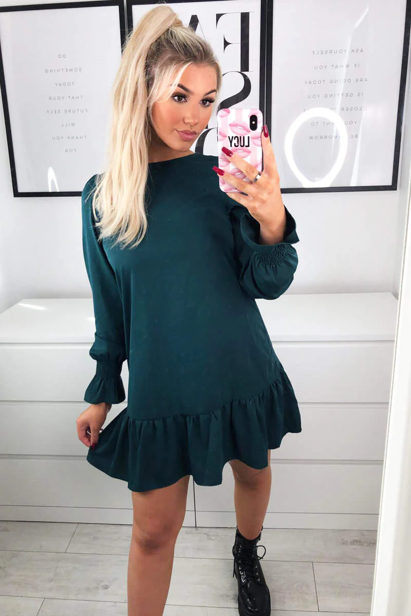 Teal Long Sleeve Frill Shift Dress - Swimclubus