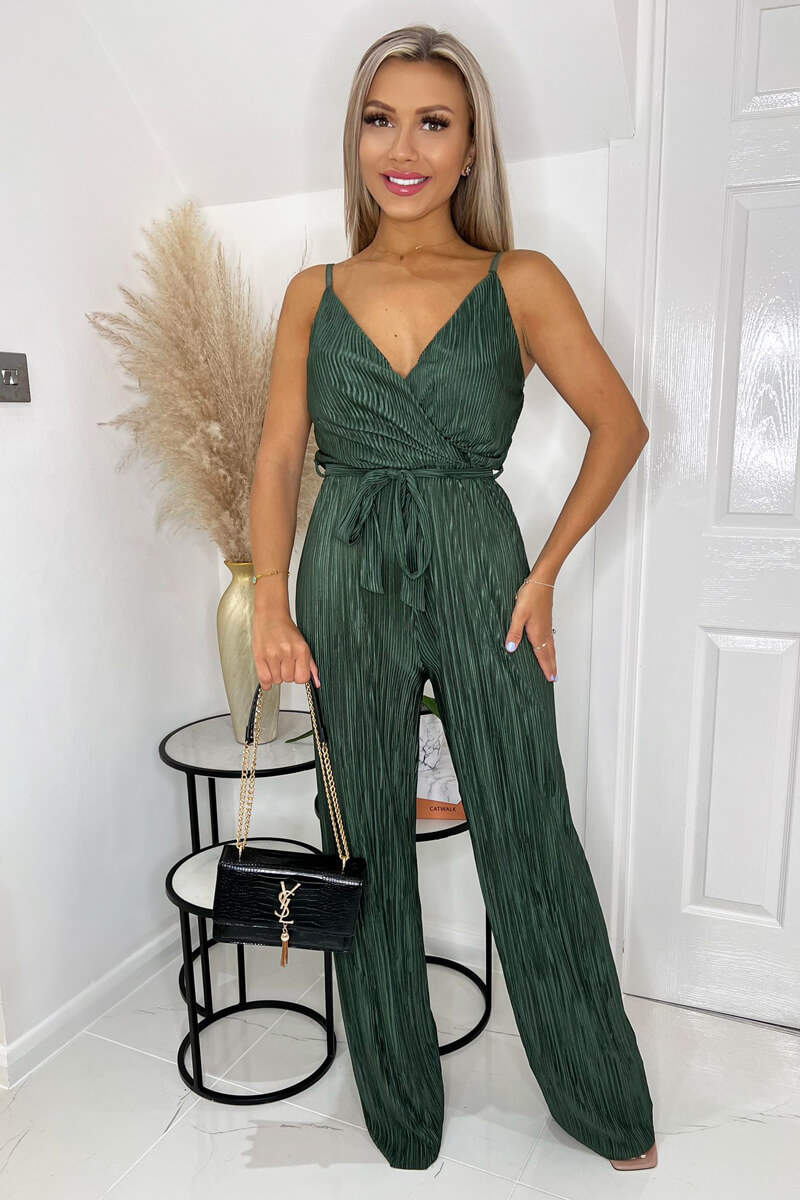 Khaki Wrap Top Tie Waist Full Length Plisse Jumpsuit - Swimclubus