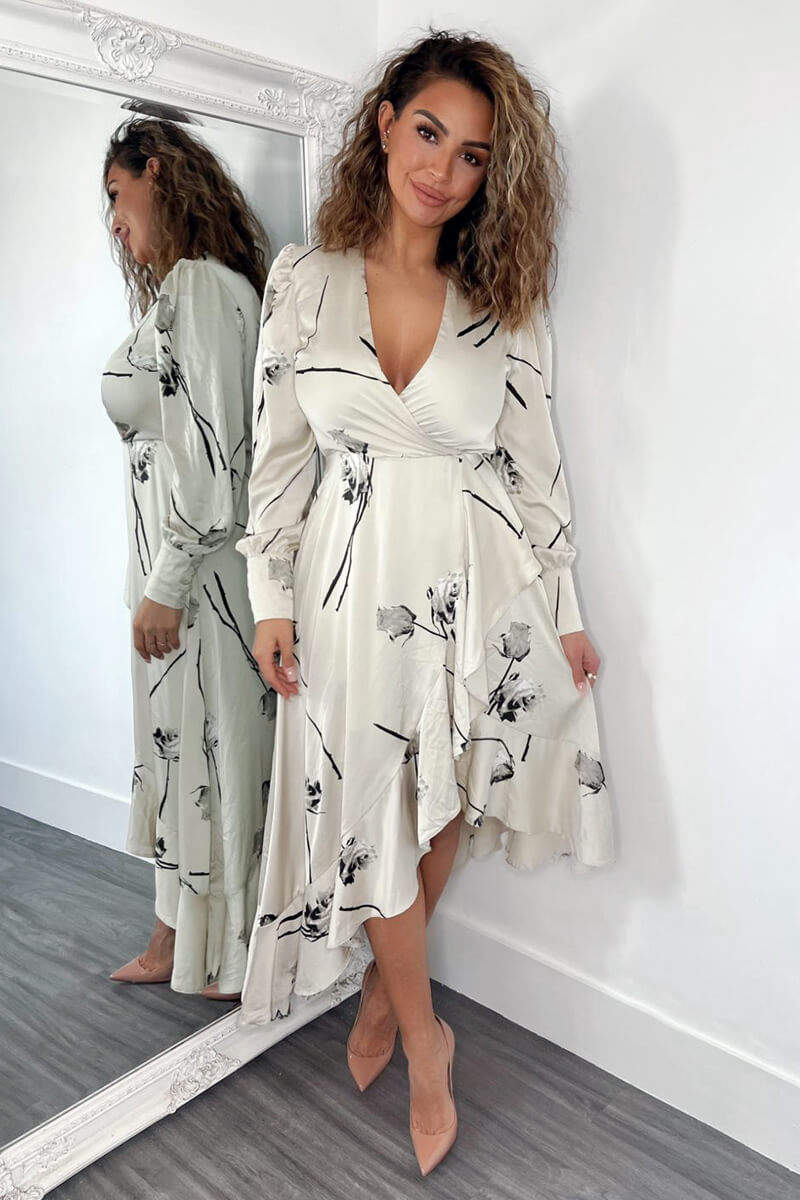 Stone Floral Printed Wrap Over Long Sleeve Dress - Swimclubus