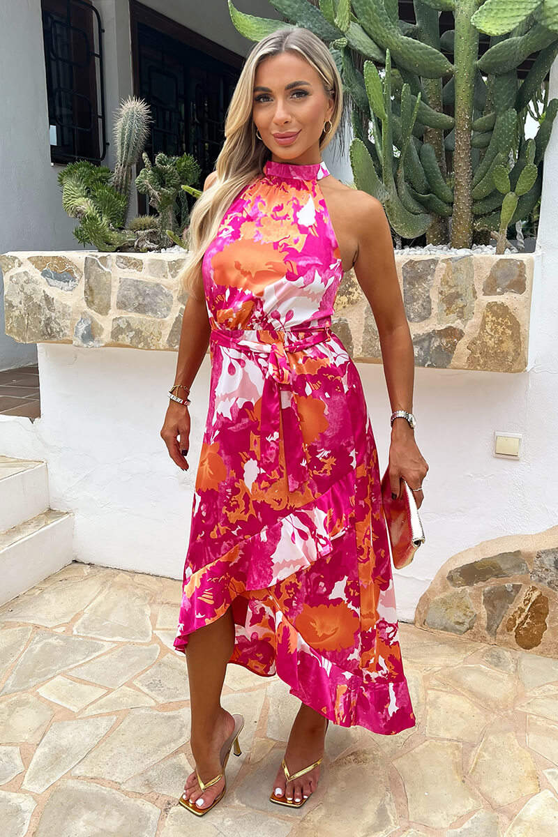Pink And Peach Abstract Printed Halterneck Tie Waist Dipped Hem Midi Dress - Swimclubus
