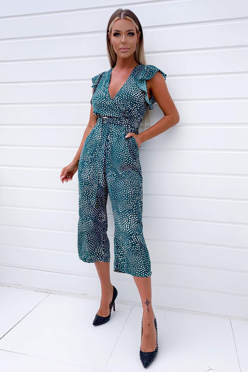 Green Spotted Belted Wrap Jumpsuit - Swimclubus