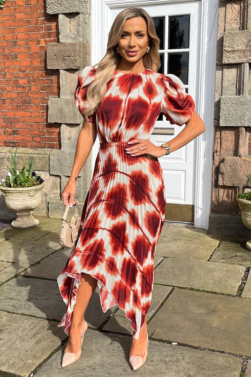 Rust Printed Puff Sleeve Zig Zag Hem Pleated Midi Dress - Swimclubus