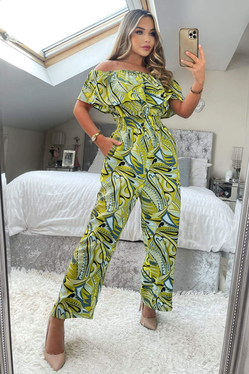 Lime Printed Bardot Culotte Jumpsuit - Swimclubus