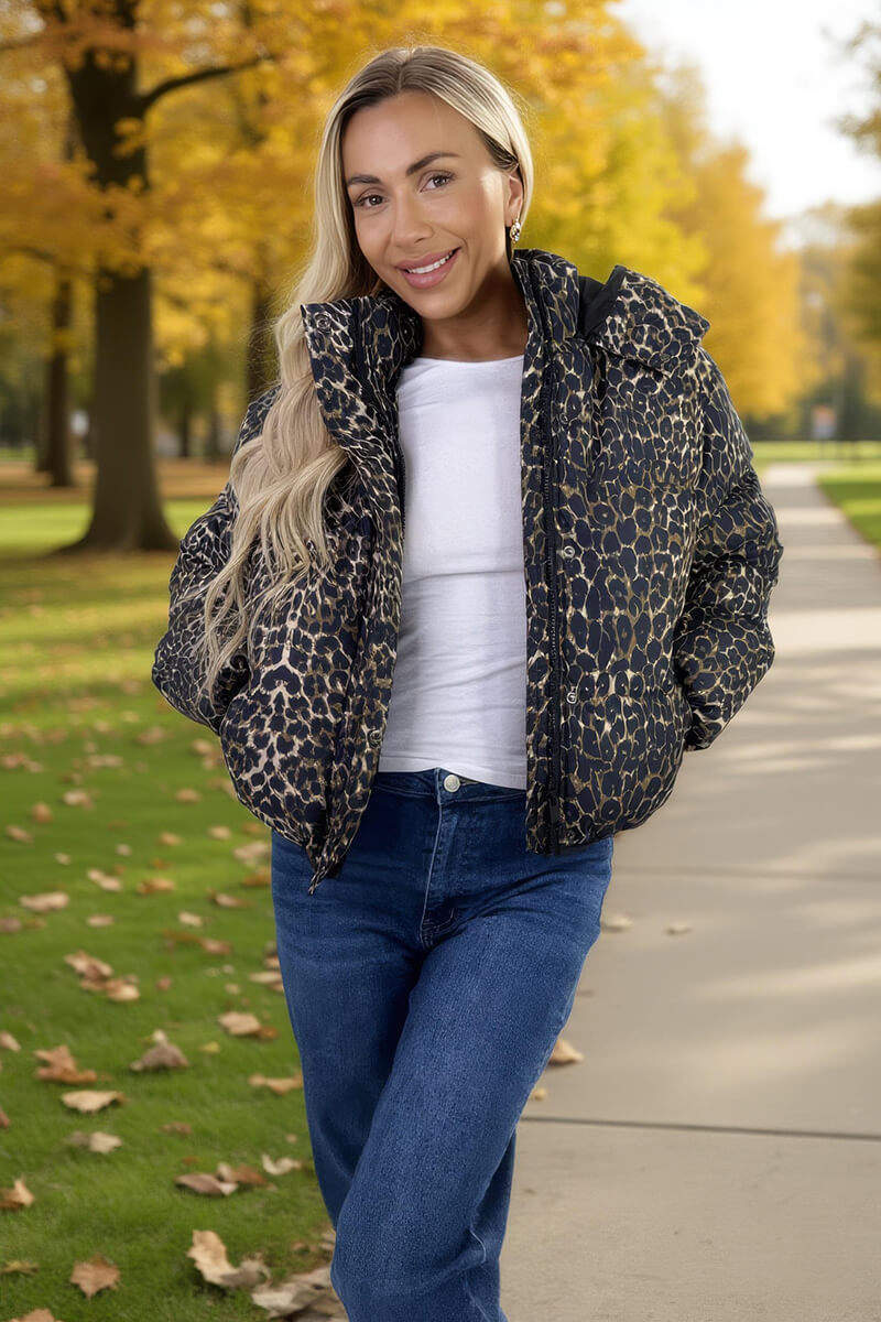 Leopard Print Hooded Short Puffer Coat - Swimclubus