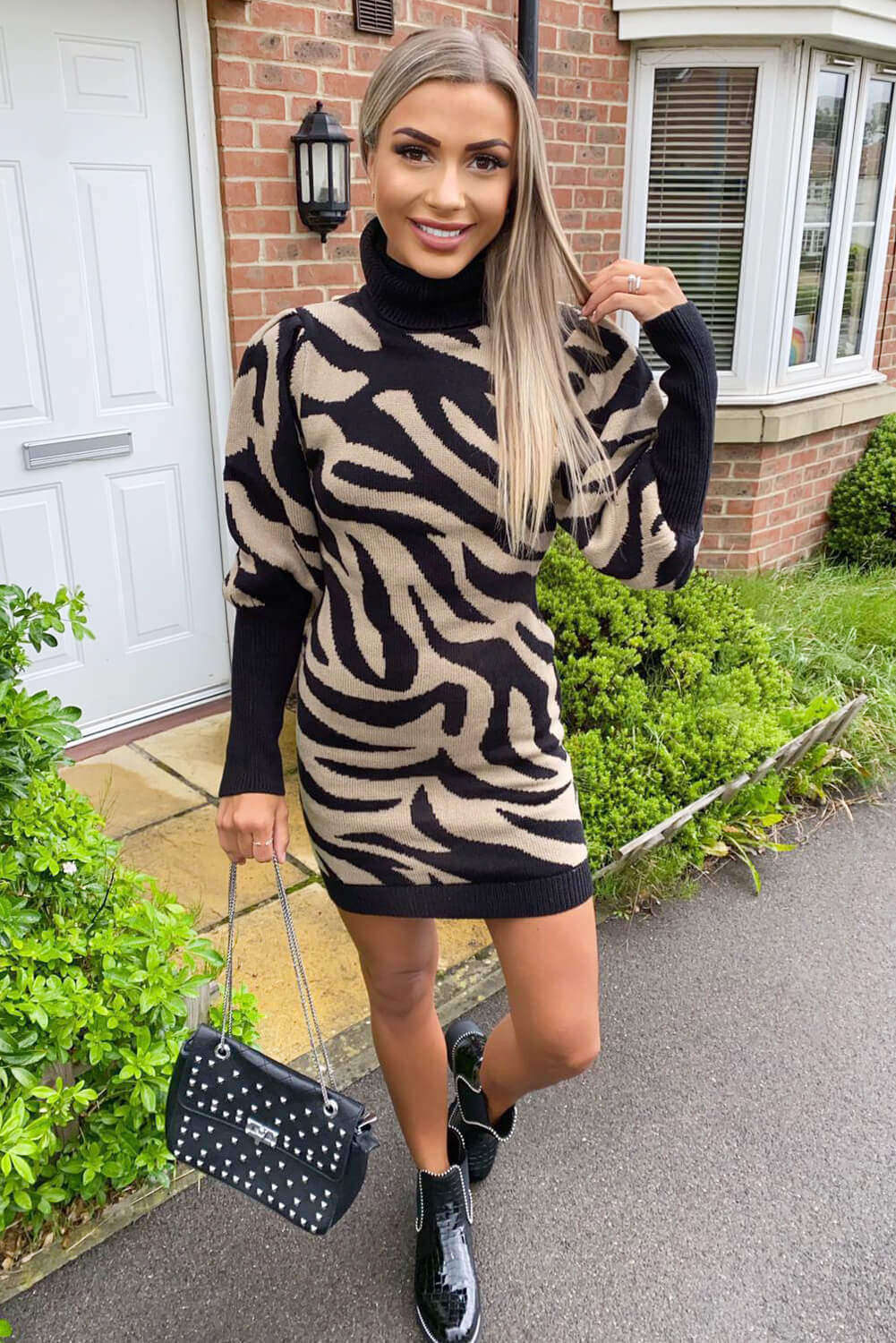 Camel Zebra Print Puff Sleeve Knitted Dress - Swimclubus
