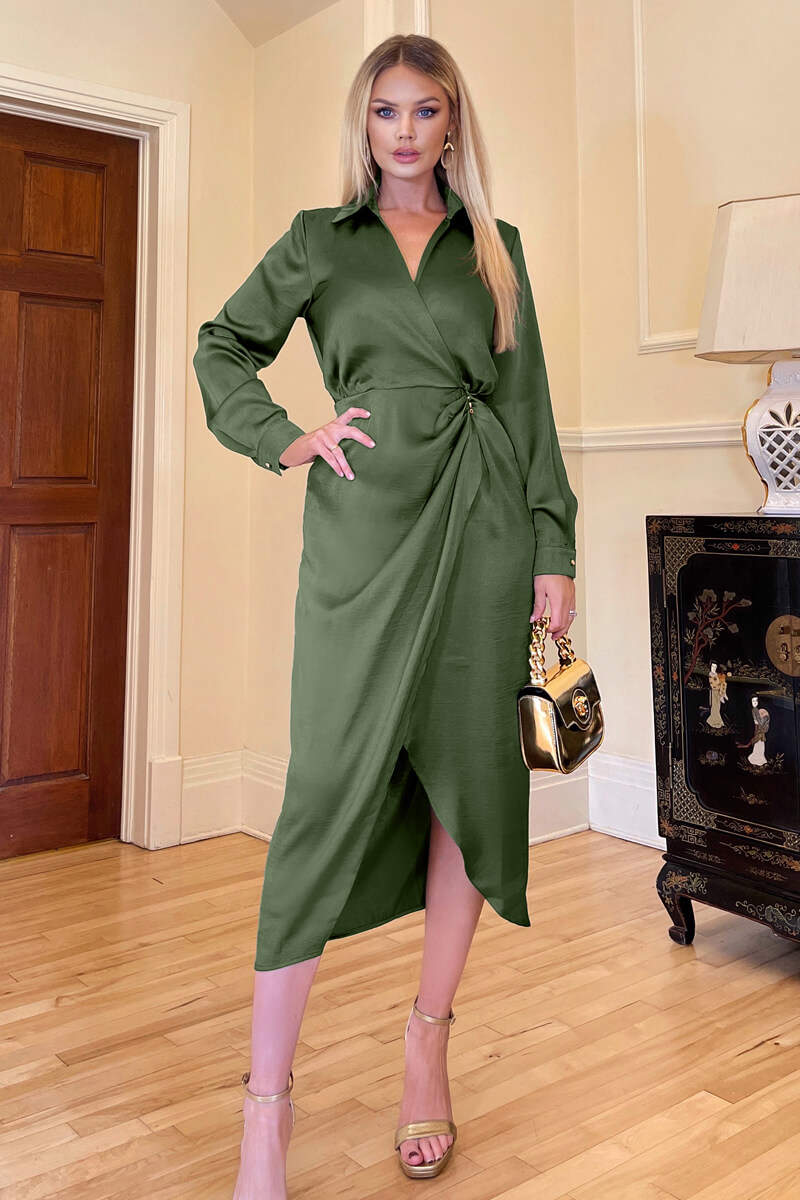 Olive Wrap Satin Shirt Midi Dress - Swimclubus