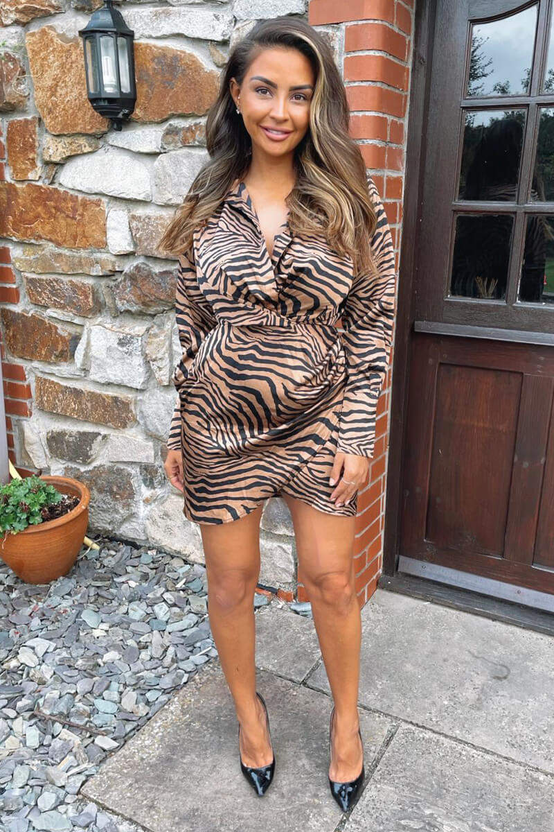 Camel Zebra Print Ruched Side Shirt Dress - Swimclubus