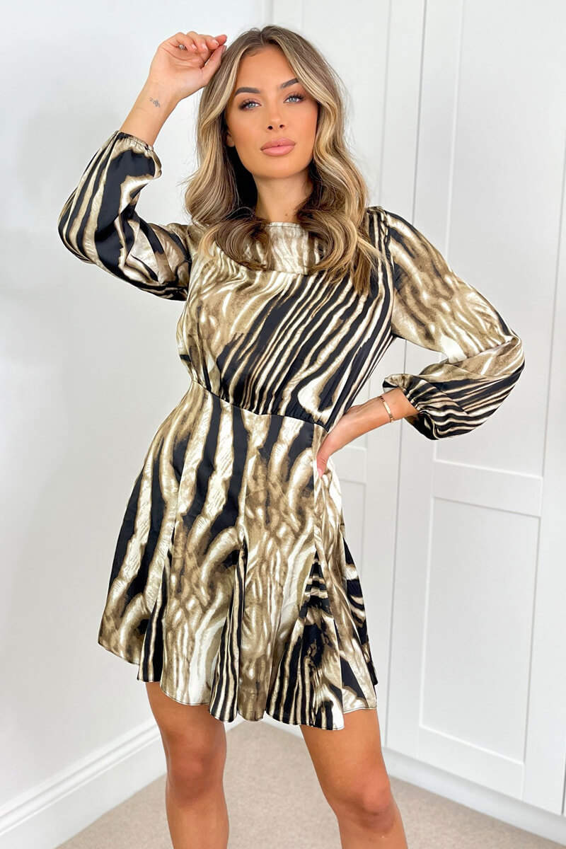 Brown Printed Long Sleeve Mini Skater Dress - Swimclubus