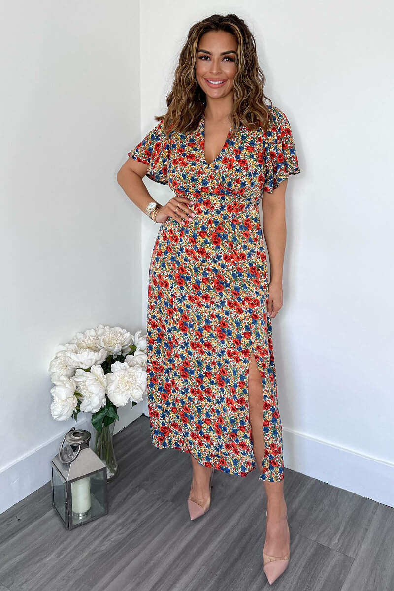 Multi Floral V Neck Butterfly Sleeve Midi Dress - Swimclubus