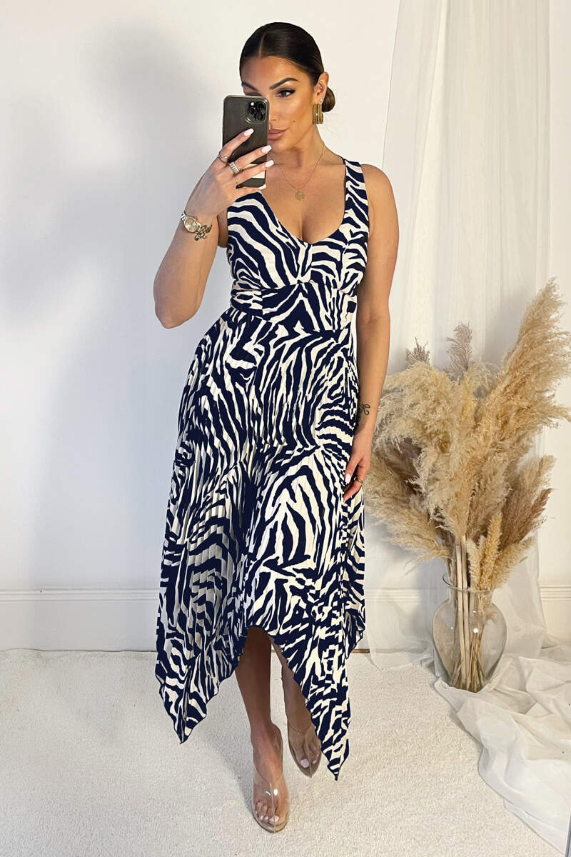 Navy And Cream Printed V Neck Zig Zag Hem Pleated Midi Dress - Swimclubus
