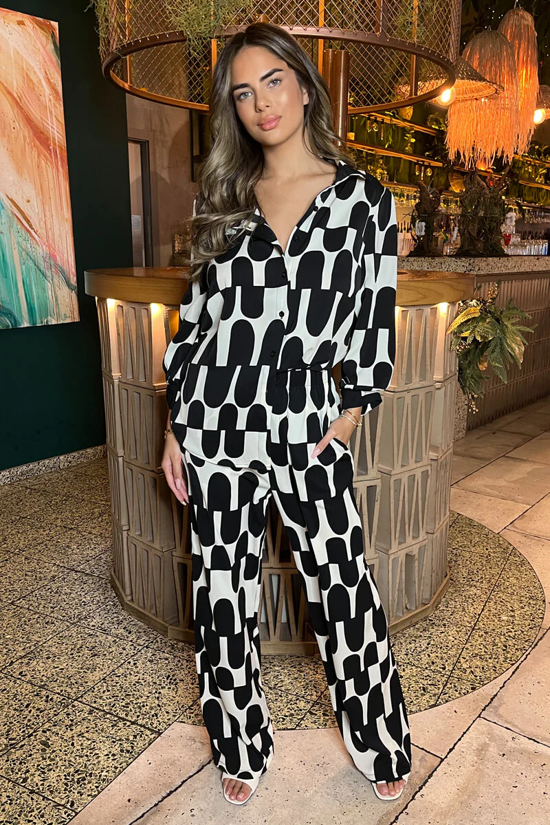 Black And Cream Printed Geometric Trousers - Swimclubus