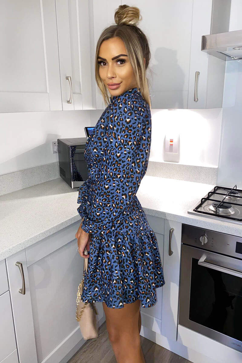 Blue Animal Printed Frill Button Dress - Swimclubus