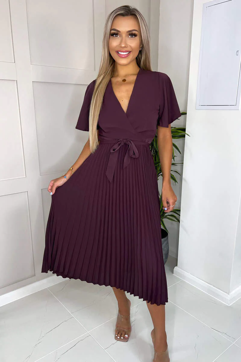 Plum Belted Pleated Skirt Midi Dress - Swimclubus