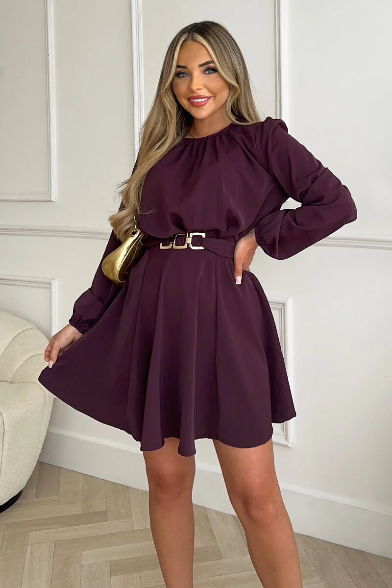 Plum Long Sleeve Belted Skater Dress - Swimclubus