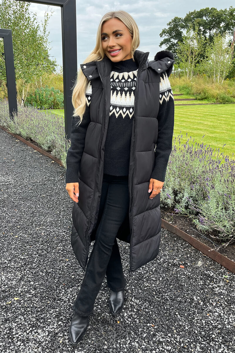 Black Faux Fur Hooded Longline Padded Gilet - Swimclubus