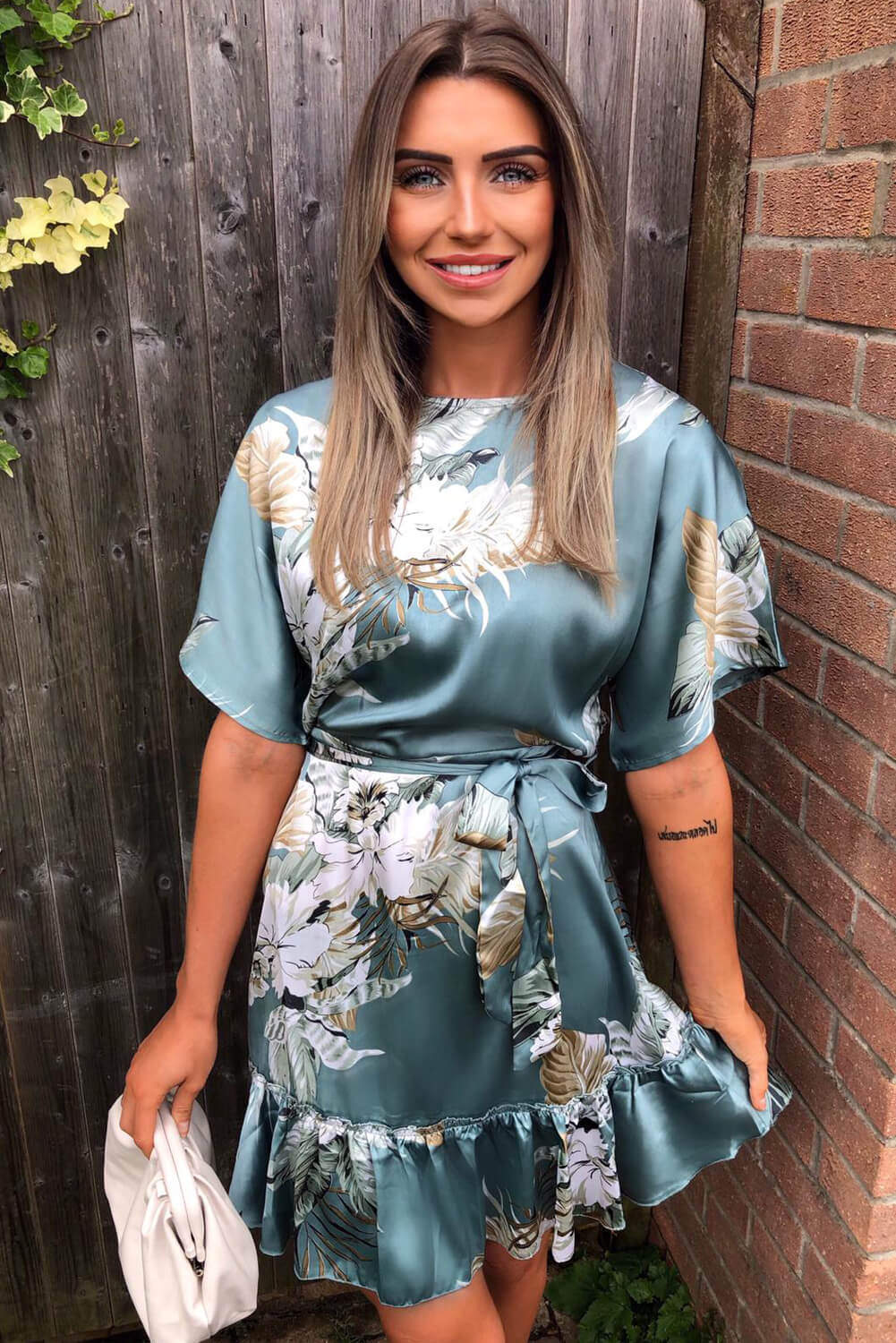 Duck Egg Floral Print Tie Waist Frill Dress - Swimclubus