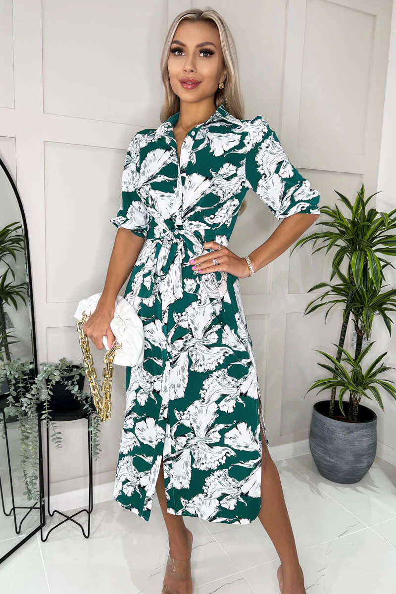 Green And White Floral Printed 3/4 Sleeve Midi Shirt Dress - Swimclubus