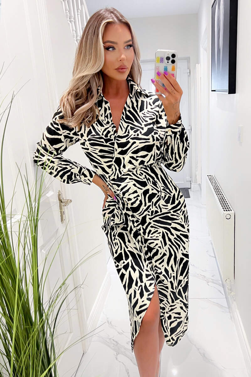 Black and Stone Printed Midi Wrap Dress - Swimclubus