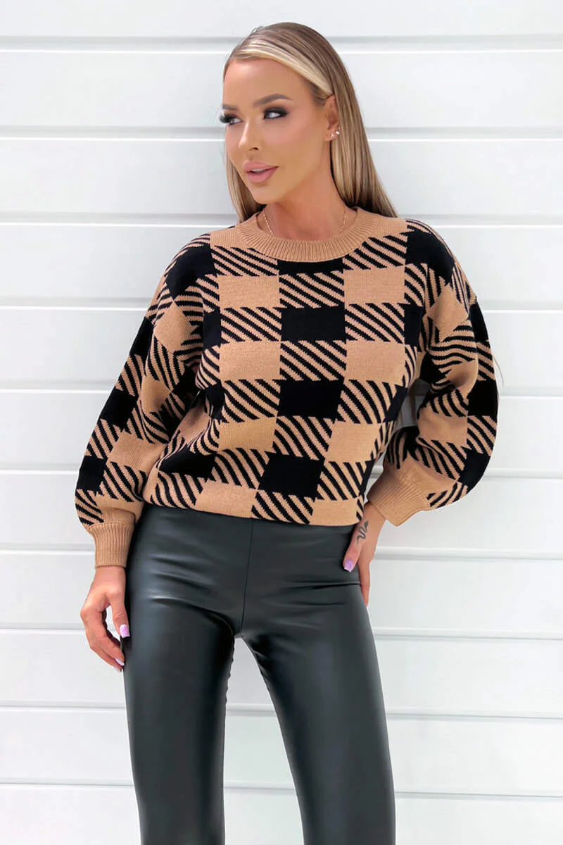 Camel And Black Check Pattern Round Neck Knitted Jumper - Swimclubus