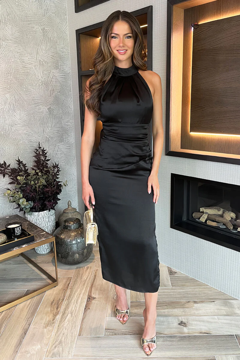 Black Satin Halter Neck Side Split Midi Dress - Swimclubus