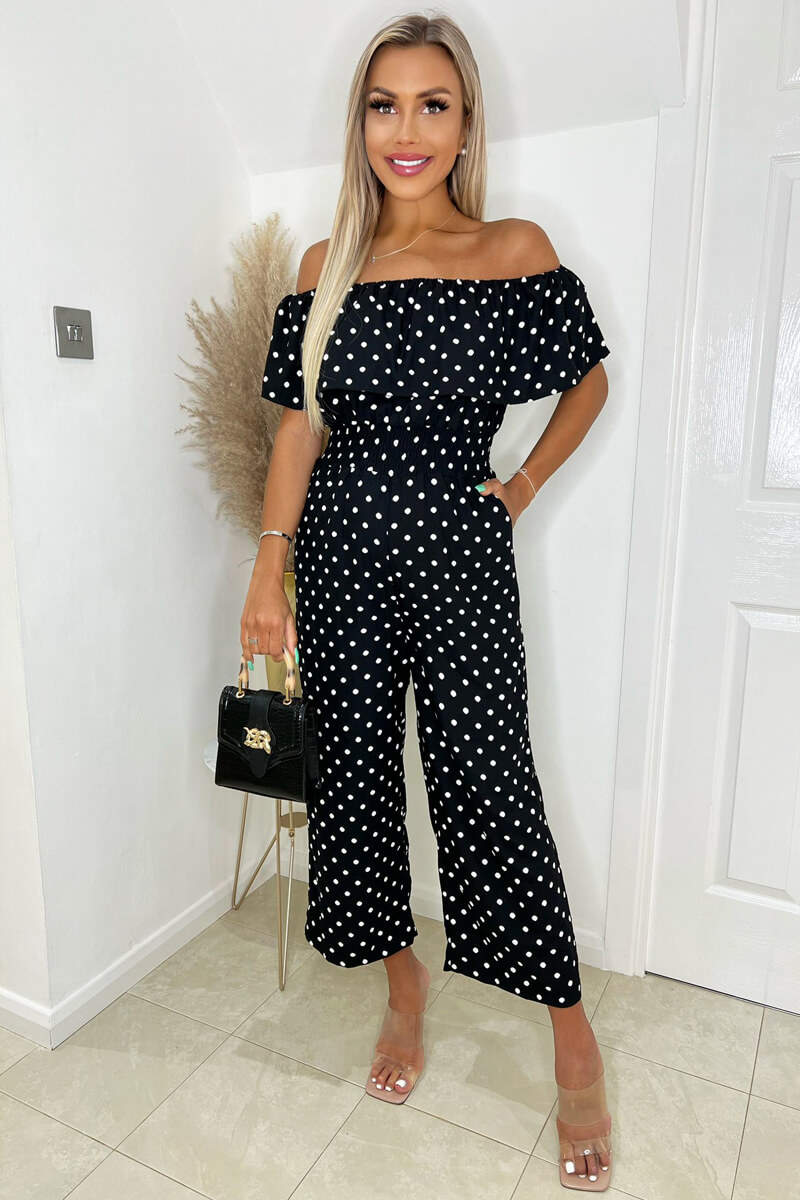 Black And White Polka Dot Bardot Jumpsuit - Swimclubus