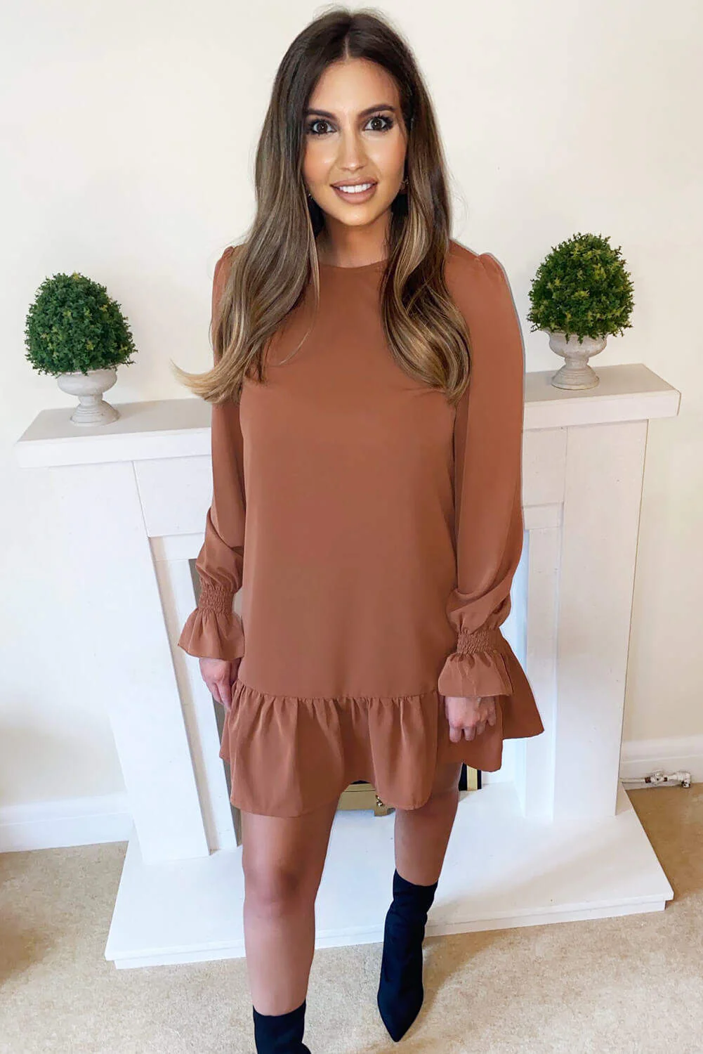Camel Long Sleeve Frill Shift Dress - Swimclubus