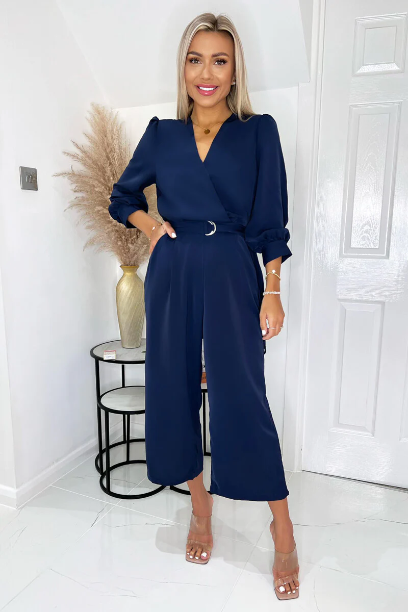 Navy Wrap Top Belted Culotte Jumpsuit - Swimclubus