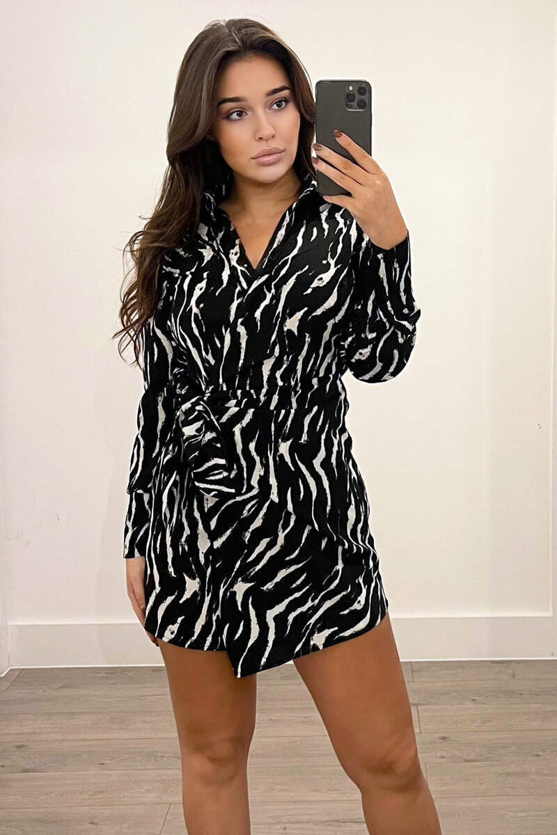 Black and White Printed Tie Wrap Long Sleeve Dress - Swimclubus