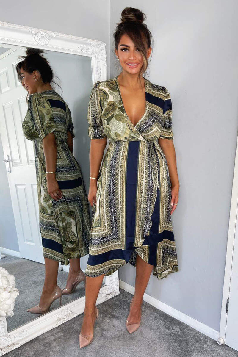 Khaki Scarf Print Wrap Midi Dress - Swimclubus