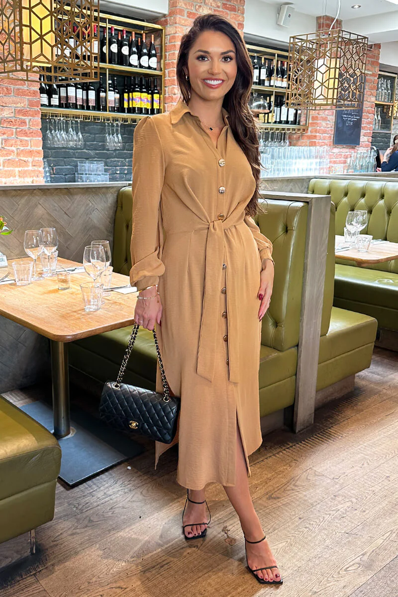 Camel Button Front Tie Shirt Midi Dress - Swimclubus