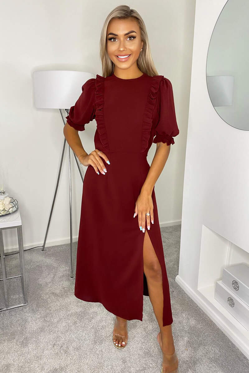 Wine Ruffle Split Leg Midi Dress - Swimclubus