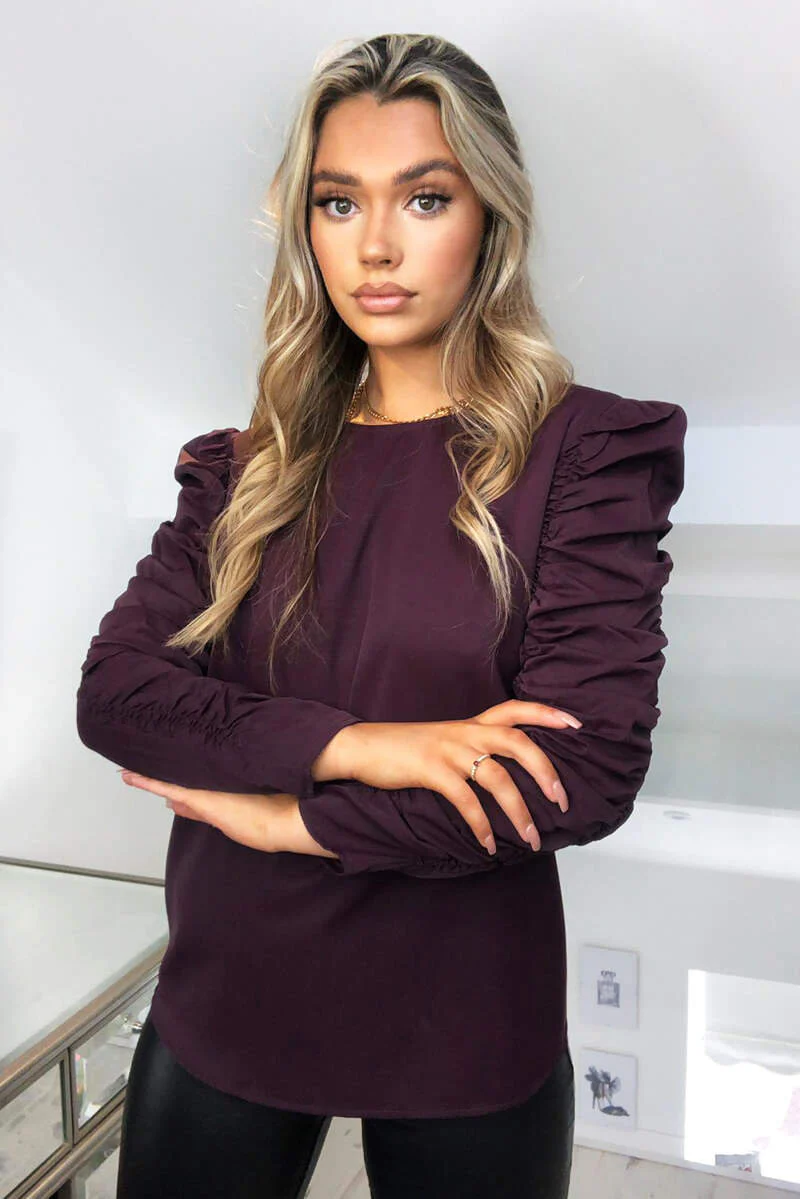 Plum Ruched Sleeve Top - Swimclubus