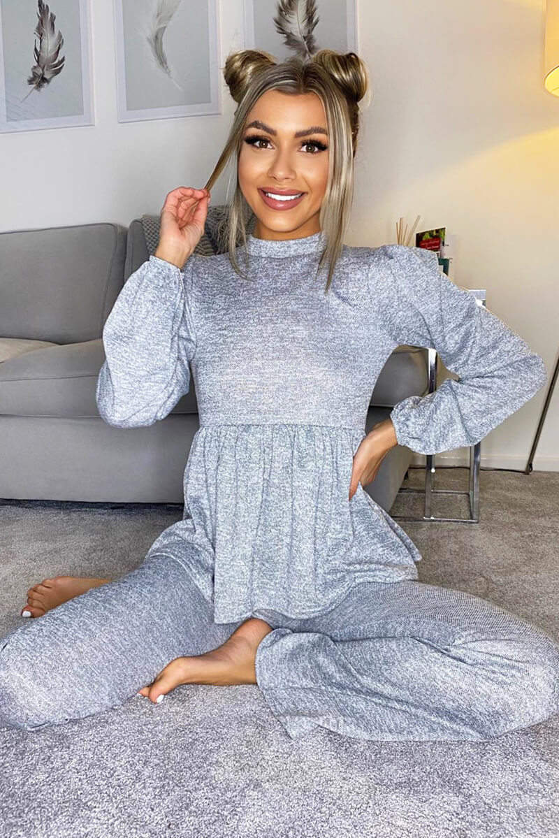 Grey Marl Long Sleeve Peplum Lounge Set - Swimclubus