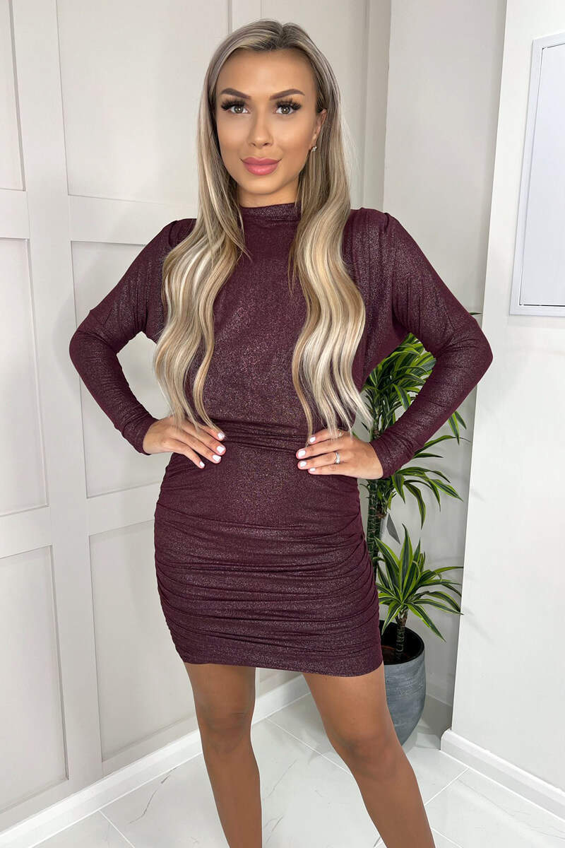Plum Long Sleeve Ruched High Neck Shimmer Bodycon Mini Dress - Swimclubus