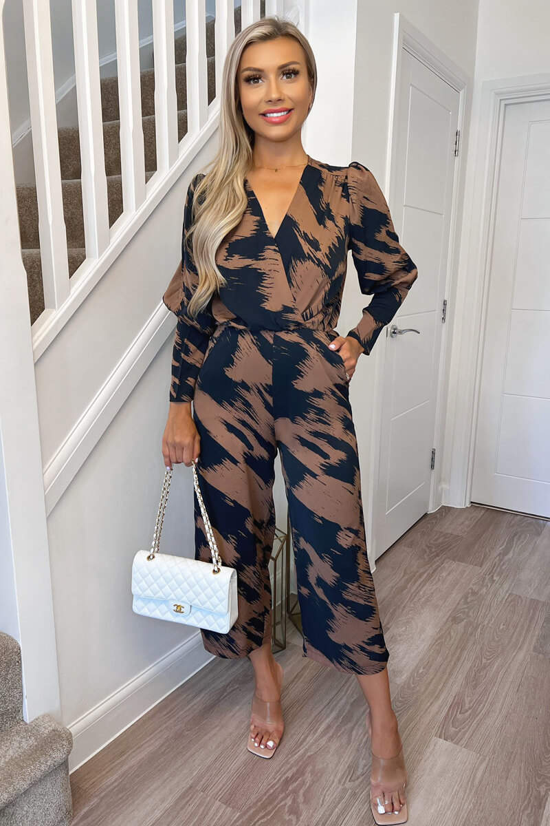 Brown and Navy Printed Wrap Top Culotte Jumpsuit - Swimclubus