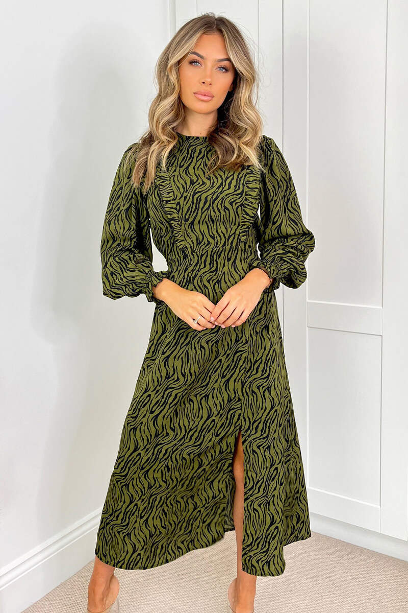 Khaki Animal Print Long Sleeve Ruffle Front Midi Dress - Swimclubus