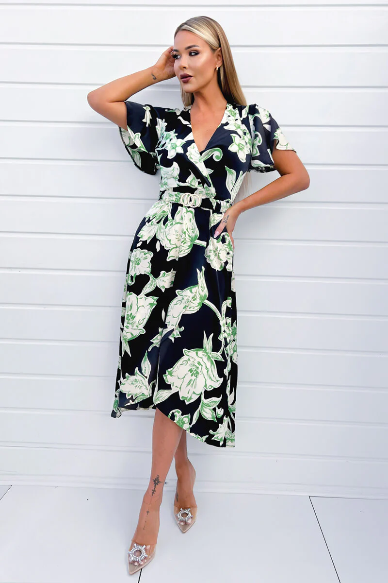 Multi Green And Black Floral Printed Short Sleeve Belted Wrap Midi Dress - Swimclubus