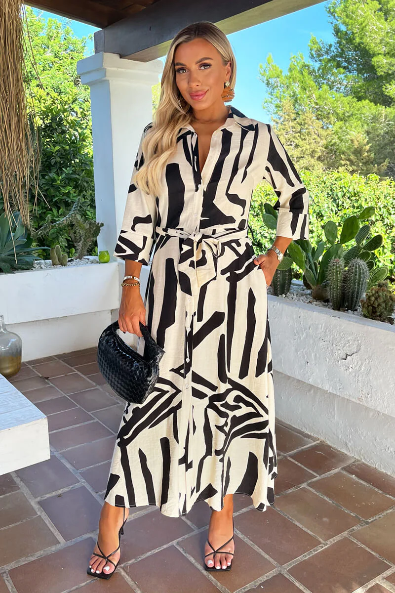 Black And Cream Abstract Print 3/4 Sleeve Shirt Midi Dress - Swimclubus