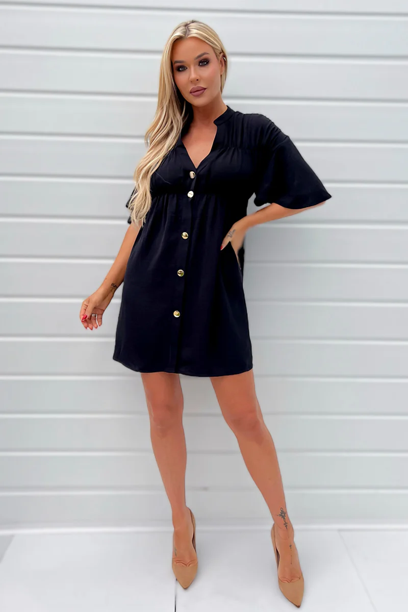 Black Button Up Ruched Detail Smock V-Neck Dress - Swimclubus