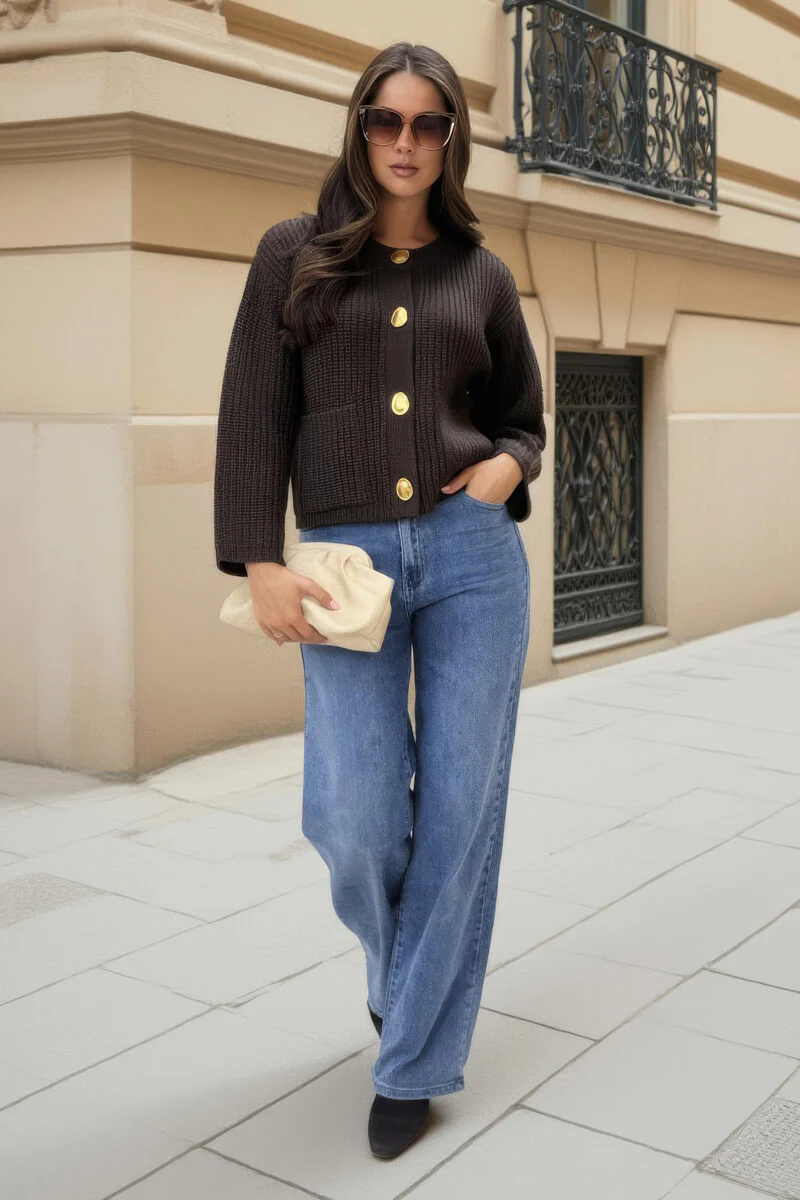 Chocolate Knitted Gold Button Front Cardigan - Swimclubus