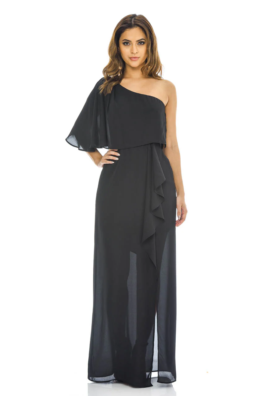 Black One Shoulder Maxi    Dress - Swimclubus