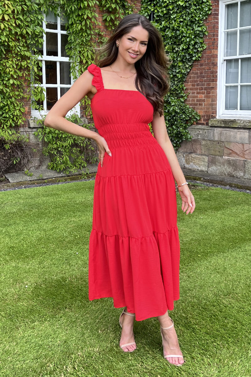 Red Frill Strap Tiered Midi Dress - Swimclubus