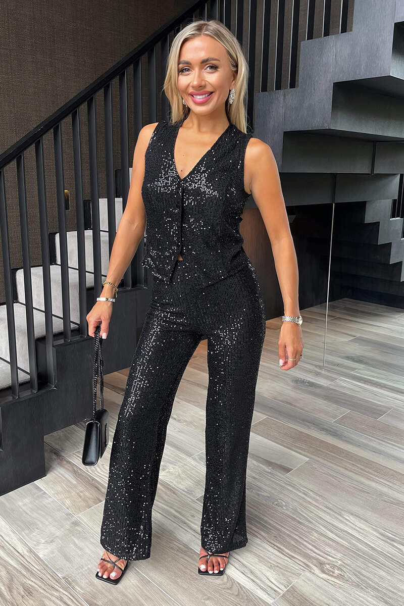 Black Sequin Button Front Waistcoat - Swimclubus