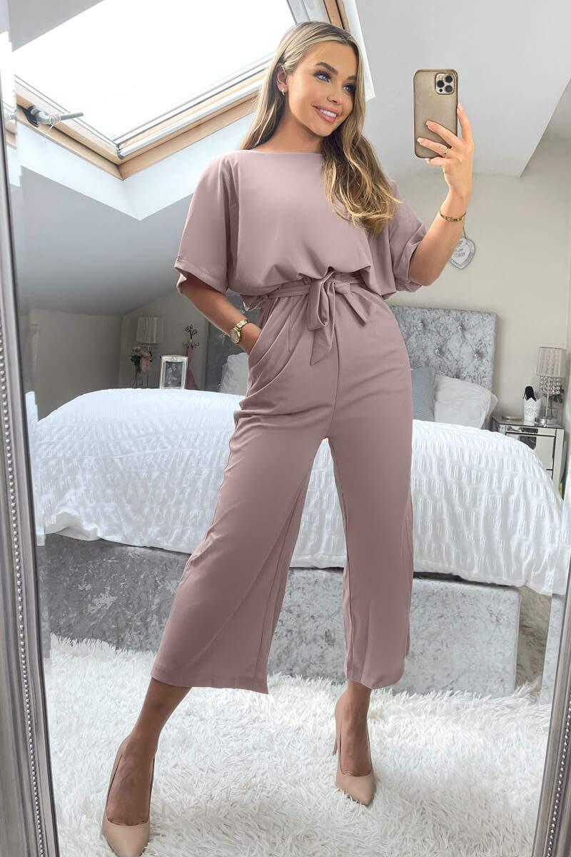 Mushroom Tie Waist Short Sleeve Culotte Jumpsuit - Swimclubus
