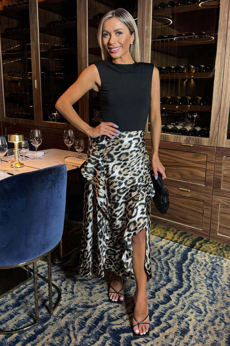 Multi Leopard Print 2 In 1 Double Frill Split Midi Dress - Swimclubus