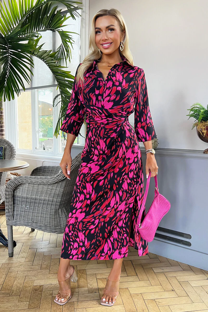 Pink And Red Printed Shirt Midi Dress - Swimclubus