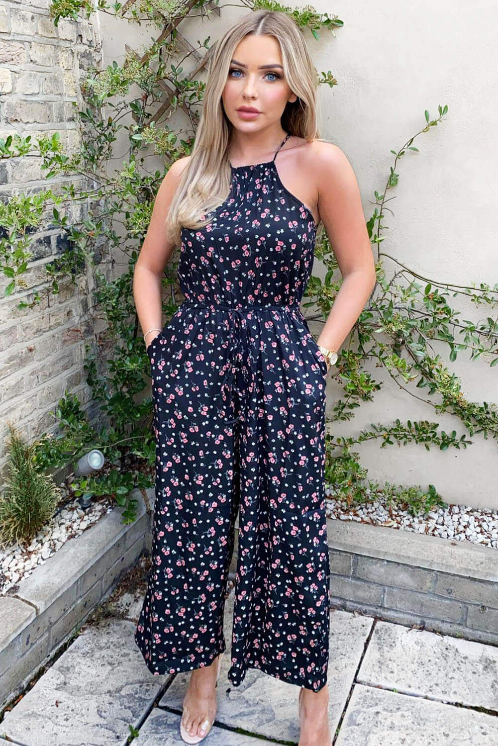 Black Floral Drawstring Culotte Jumpsuit - Swimclubus