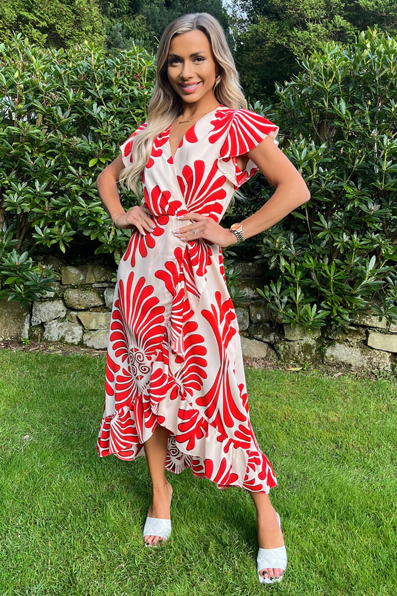 Burnt Orange Abstract Print Wrap Over High Low Frill Hem Midi Dress - Swimclubus